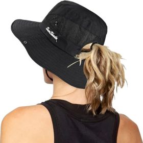Women's Outdoor UV-Protection-Foldable Sun-Hats Mesh Wide-Brim Beach Fishing Hat with Ponytail-Hole (Color: Black)